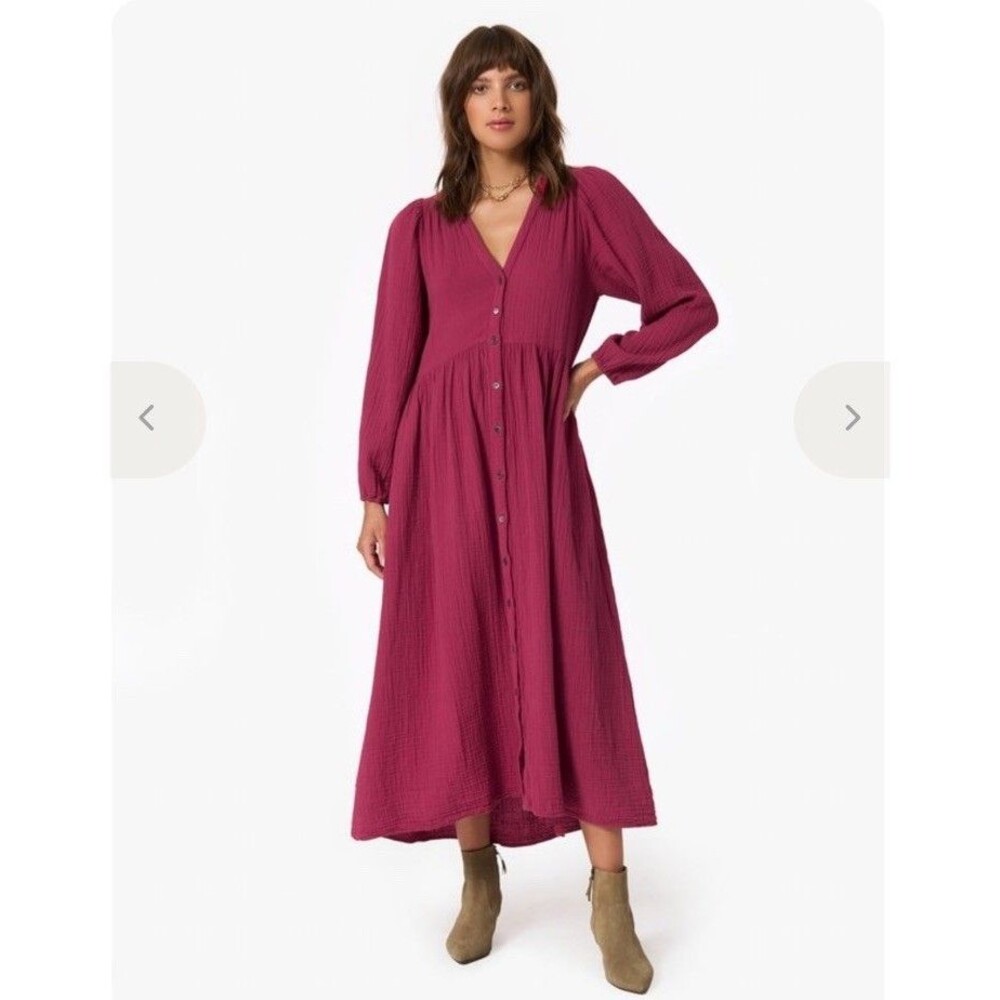Xirena Dress Womens XS Red Cotton Double Gauze Maxi Shirt Button Front